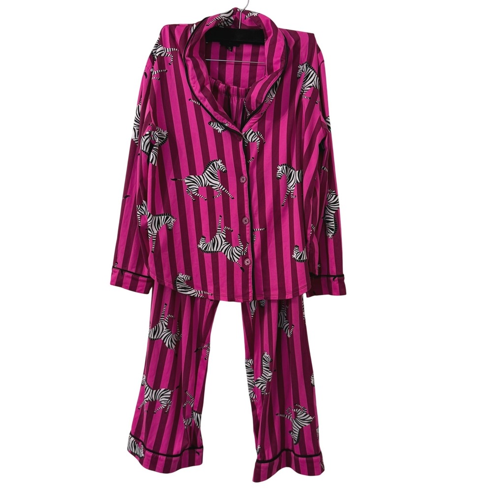 Room Service Womens Pink Zebra Stripe Pajama Set Large LS Button Down Whimsy